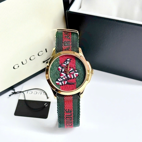 Gucci G-Timeless Mặt Thêu Hình Rắn |Nữ |Vàng Gold |Dây Vải Dù Xanh Lá Đỏ |Máy Pin (Quartz) |Size 38mm