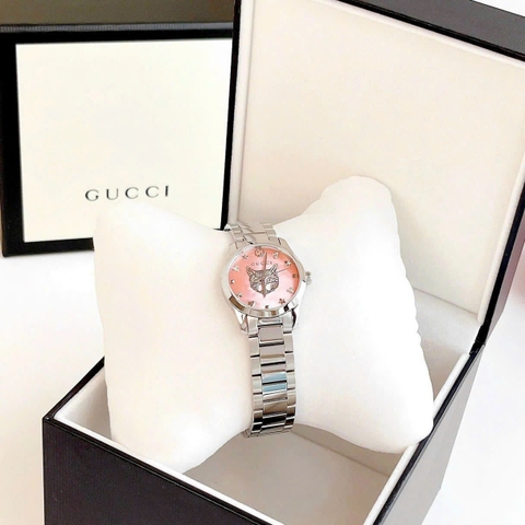 Gucci G-Timeless Mystic Cat Motif |Nữ |Mặt Hồng |Dây Kim Loại Silver |Máy Pin (Quartz) |Size 28mm