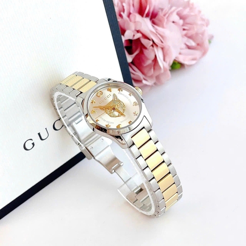 Gucci G-Timeless Mystic Cat Motif |Nữ |Mặt Trắng |Dây Kim Loại Demi Vàng |Máy Pin (Quartz) |Size 28mm