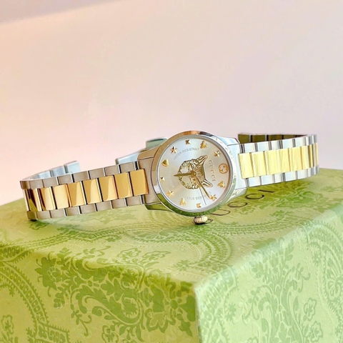 Gucci G-Timeless Mystic Cat Motif |Nữ |Mặt Trắng |Dây Kim Loại Demi Vàng |Máy Pin (Quartz) |Size 28mm