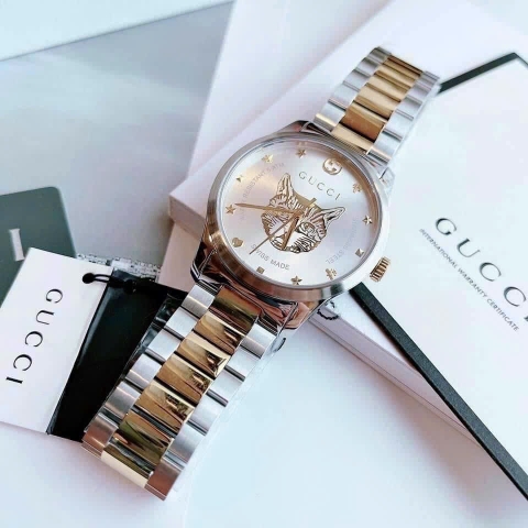 Gucci G-Timeless |Nam |Mặt Chú Mèo |Dây Kim Loại Demi Vàng Gold |Máy Pin (Quartz) |Size 38mm