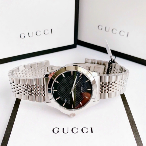 Gucci G-Timeless |Nam Giới |Mặt Tròn Đen |Dây Kim Loại Silver |Máy Pin (Quartz) |Size 38mm