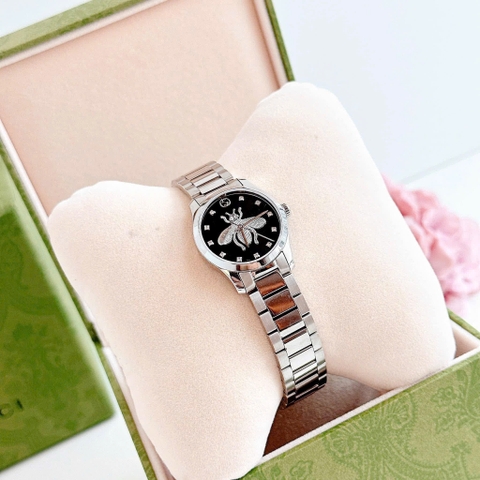 Gucci G-Timeless |Nữ |Họa Tiết Con Ong Đen |Dây Kim Loại Silver |Máy Pin (Quartz) |Size 28mm