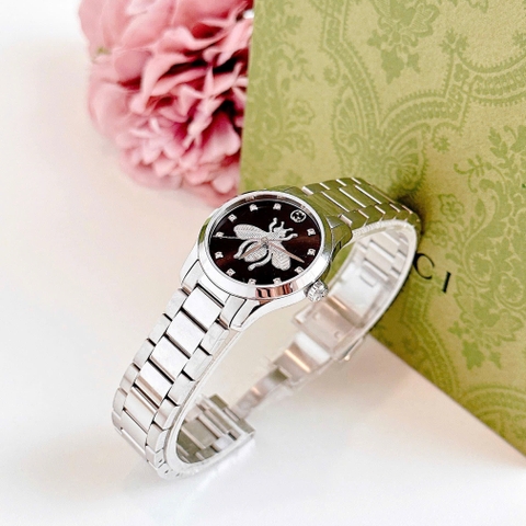Gucci G-Timeless |Nữ |Họa Tiết Con Ong Đen |Dây Kim Loại Silver |Máy Pin (Quartz) |Size 28mm