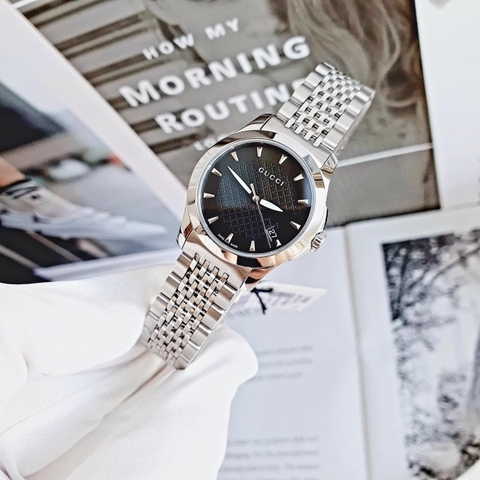 Gucci G-Timeless |Nữ Giới |Mặt Màu Đen |Dây Kim Loại Silver |Máy Pin (Quartz) |Size 28mm