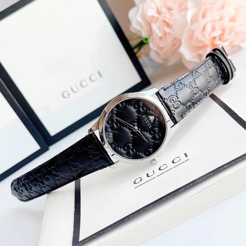 Gucci G-Timeless |Nữ |Mặt Tròn |Silver |Dây Da Màu Đen |Máy Pin (Quartz) |Size 38mm