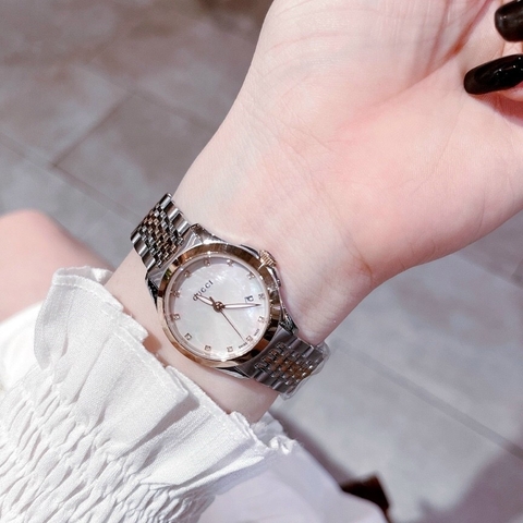 Gucci G-Timeless |Nữ |Mặt Xà Cừ Trắng |Dây Kim Loại Demi Rose Gold |Máy Pin (Quartz) |Size 29mm
