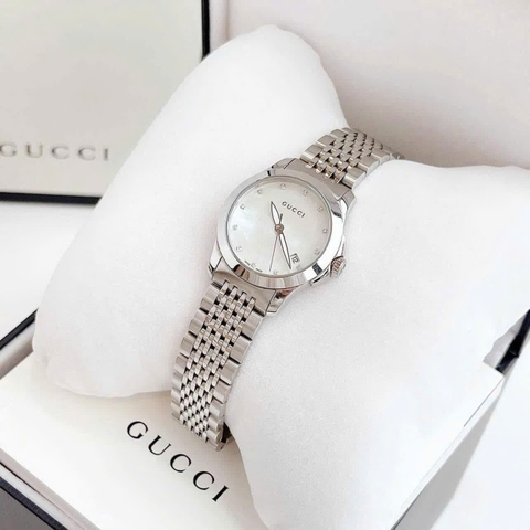 Gucci G-Timeless |Nữ |Mặt Xà Cừ Trắng |Dây Kim Loại Silver |Máy Pin (Quartz) |Size 29mm
