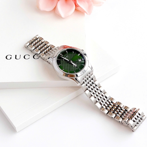 Gucci G-Timeless |Nữ Giới |Mặt Xanh Lá |Dây Kim Loại Silver |Máy Pin (Quartz) |Size 28mm