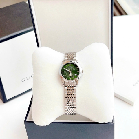 Gucci G-Timeless |Nữ Giới |Mặt Xanh Lá |Dây Kim Loại Silver |Máy Pin (Quartz) |Size 28mm