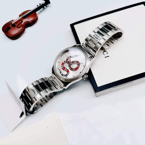 Gucci G-Timeless Snake Motif |Nam |Mặt In Rắn 3D |Dây Kim Loại Silver |Máy Pin (Quartz) |Size 38mm