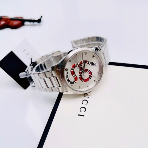 Gucci G-Timeless Snake Motif |Nam |Mặt In Rắn 3D |Dây Kim Loại Silver |Máy Pin (Quartz) |Size 38mm