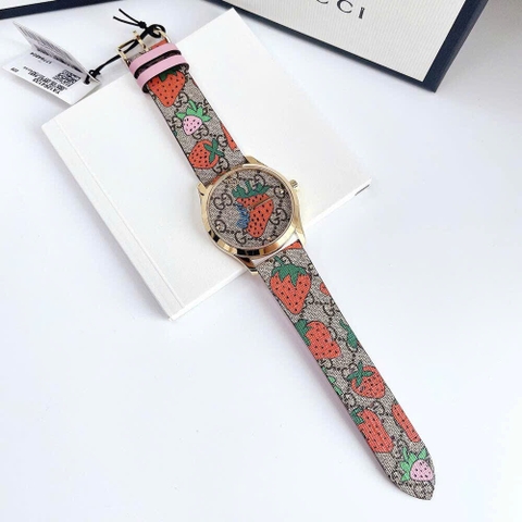 Gucci G-Timeless Strawberry |Nữ |Dây Da Họa Tiết Hình Trái Dâu |Máy Pin (Quartz) |Size 38mm