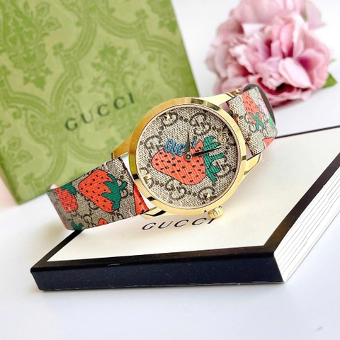 Gucci G-Timeless Strawberry |Nữ |Dây Da Họa Tiết Hình Trái Dâu |Máy Pin (Quartz) |Size 38mm