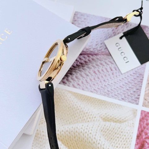 Gucci Interlocking |Nữ Giới |Vàng Gold |Dây Da Đen |Máy Pin (Quartz) |Size 36mm