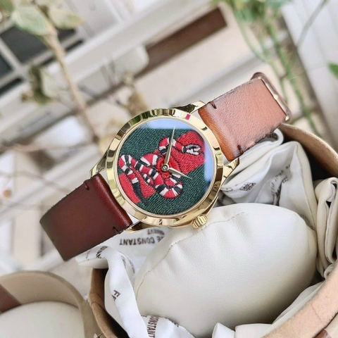 Gucci Le-Marche-Des-Merveilles |Nữ |Hình Rắn Thêu |Dây Da Nâu |Máy Pin (Quartz) |Size 38mm