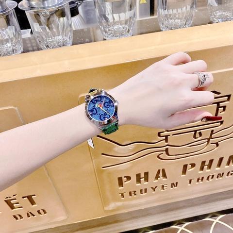 Gucci Multicolor G-Timeless |Nữ Giới |Mặt Xanh Dương |Dây Da 2 Màu |Máy Pin (Quartz) |Size 38mm