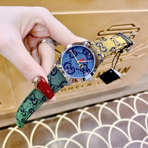 Gucci Multicolor G-Timeless |Nữ Giới |Mặt Xanh Dương |Dây Da 2 Màu |Máy Pin (Quartz) |Size 38mm