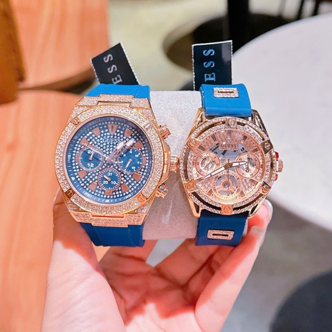 Guess 6 Kim |Cặp Đôi |Đính Đá |Rose Gold |Dây Cao Su Xanh Dương |Size 45x38mm