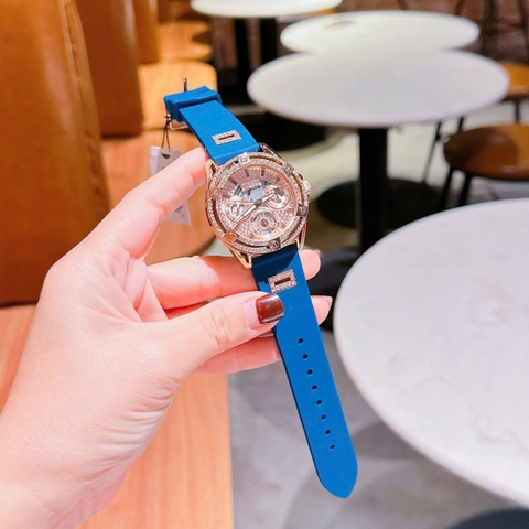 Guess 6 Kim |Cặp Đôi |Đính Đá |Rose Gold |Dây Cao Su Xanh Dương |Size 45x38mm