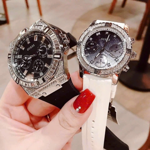 Guess 6 Kim |Cặp Đôi |Mặt Đính Đá Silver |Dây Sillicone |Size 47x38mm