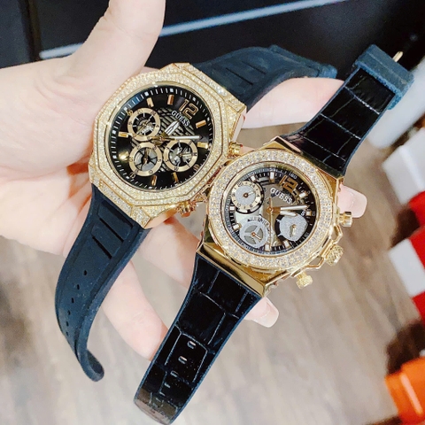 Guess Chronograph |Cặp Đôi |Đính Đá Vàng Gold |Dây Cao Su Đen |Size 44x36mm