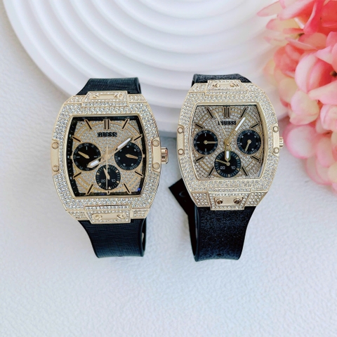 Guess Chronograph |Cặp Đôi |Mặt Chữ Nhật Vàng Gold |Dây Sillicone Đen |Size 43x38mm