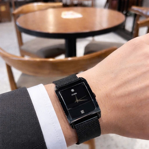 Guess Clyde |Nam Giới |Mặt Chữ Nhật |Dây Mesh Lưới Full Đen |Máy Pin (Quartz) |Size 40x35mm