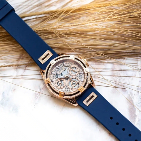 Guess Cut-Thru |Nữ Giới |Đính Đá Rose Gold |Dây Sillicone Xanh |Máy Pin (Quartz) |Size 38mm