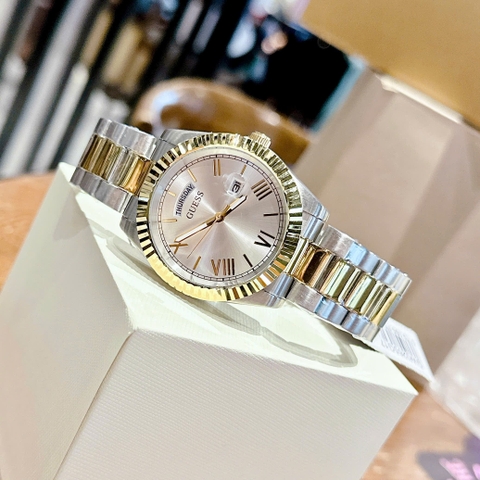 Guess Dáng Rolex |Nam Giới |Mặt Trắng |Dây Kim Loại Demi Vàng |Máy Pin (Quartz) |Size 42mm