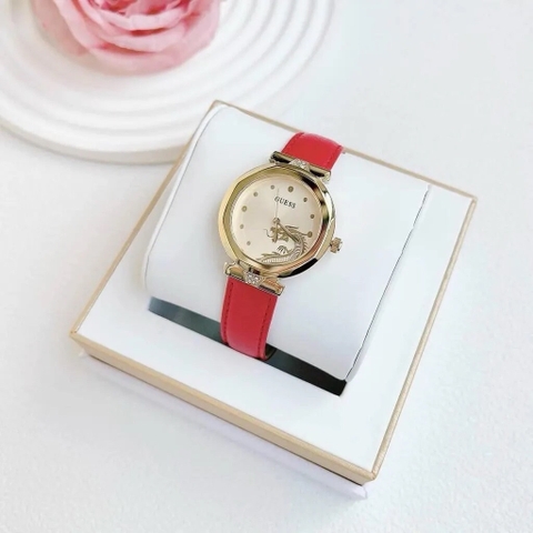 Guess Dragonesse |Nữ Giới |Vàng Gold |Dây Da Đỏ |Máy Pin (Quartz) |Size 34mm