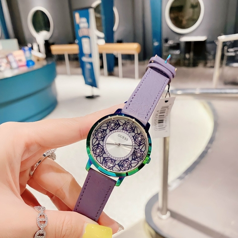 Guess Flora |Nữ Giới |Mặt Bông Hoa |Dây Da Tím |Máy Pin (Quartz) |Size 40mm