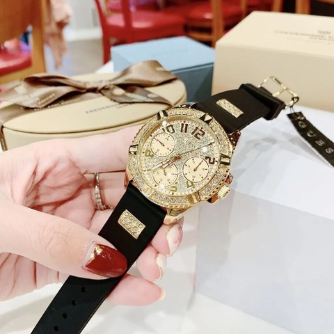 Guess Frontier |Nữ Giới |Full Đá Vàng Gold |Dây Sillicone Đen |Máy Pin (Quartz) |Size 38mm