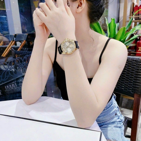 Guess Frontier |Nữ Giới |Full Đá Vàng Gold |Dây Sillicone Đen |Máy Pin (Quartz) |Size 38mm