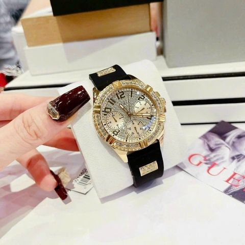 Guess Frontier |Nữ Giới |Full Đá Vàng Gold |Dây Sillicone Đen |Máy Pin (Quartz) |Size 38mm