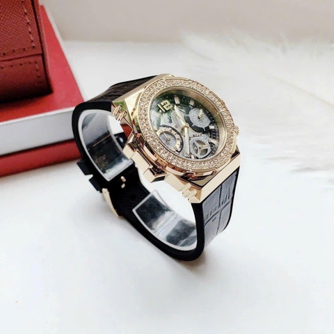 Guess Fusion |Nữ Giới |Đính Đá Vàng Gold |Dây Da Đen Bọc Silicone |Máy Pin (Quartz) |Size 36mm