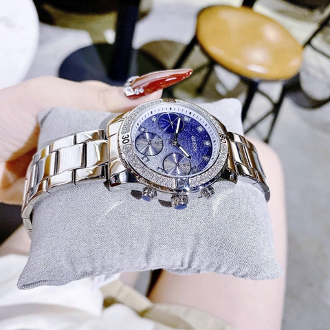 Guess Glitter |Nữ Giới |Mặt Xanh |Dây Kim Loại Trắng Silver |Máy Pin (Quartz) |Size 38mm