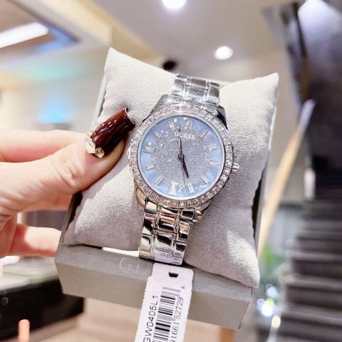 Guess Glitter |Nữ Giới |Mặt Xanh |Dây Kim Loại Trắng Silver |Máy Pin (Quartz) |Size 38mm