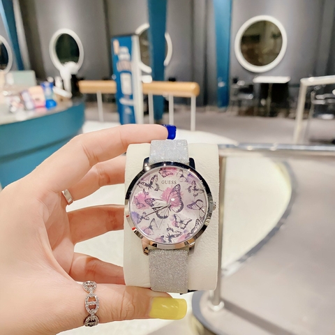Guess Hình Bướm |Nữ Giới |Silver |Dây Da Kim Tuyến Bạc |Máy Pin (Quartz) |Size 37mm