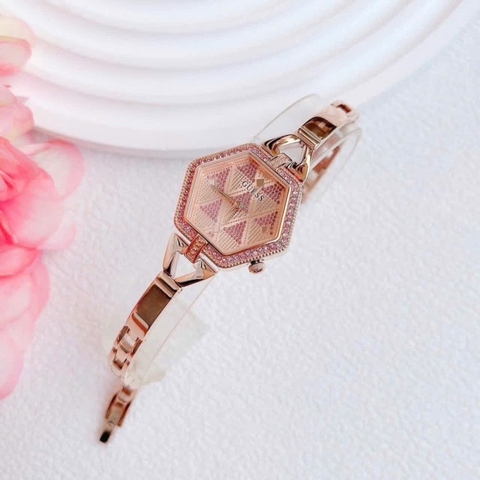 Guess Mặt Lục Giác |Nữ Giới |Đính Đá Màu Hồng |Dây Kim Loại Rose Gold |Máy Pin (Quartz) |Size 28mm