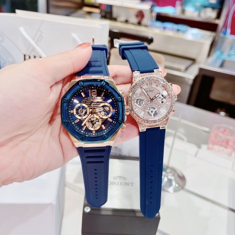 Guess Momentum |Cặp Đôi |Rose Gold |Chronograph |Dây Silicone Xanh |Size 44x36mm