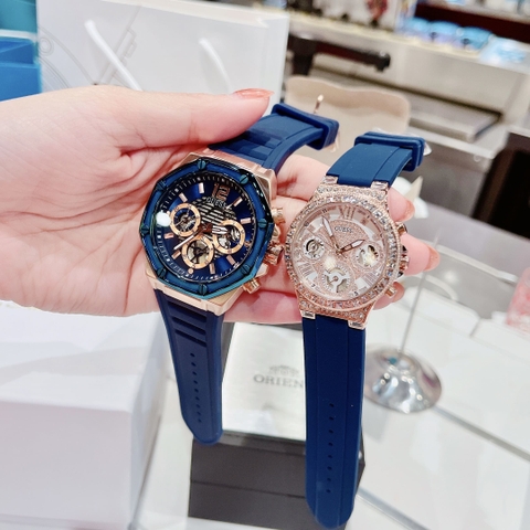 Guess Momentum |Cặp Đôi |Rose Gold |Chronograph |Dây Silicone Xanh |Size 44x36mm