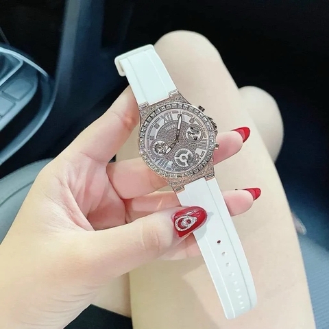 Guess Moonlight |Nữ Giới |Đính Đá Rose Gold |Dây Sillicone Trắng |Máy Pin (Quartz) |Size 36mm