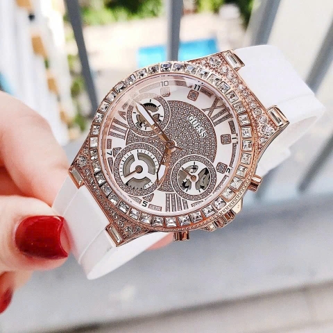 Guess Moonlight |Nữ Giới |Đính Đá Rose Gold |Dây Sillicone Trắng |Máy Pin (Quartz) |Size 36mm