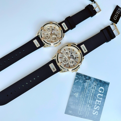Guess Multifunction |Cặp Đôi |Đính Đá Vàng Gold |Dây Sillicone Đen |Size 48x38mm