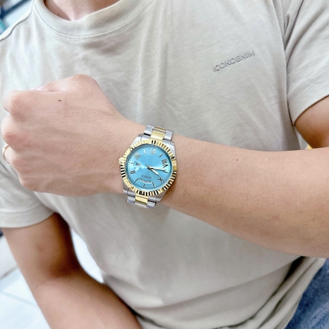 Guess Niềng Khía |Nam Giới |Mặt Xanh Ngọc |Dây Kim Loại Demi Vàng |Máy Pin (Quartz) |Size 42mm