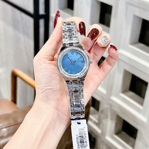 Guess Octagonal |Nữ Giới |Mặt Xanh Dương |Đính Đá |Dây Kim Loại Silver |Máy Pin (Quartz) |Size 36mm