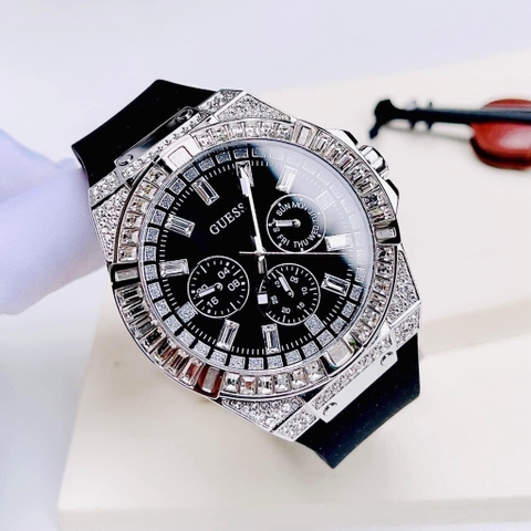 Guess Rigor |Nam Giới |Đính Đá Silver |Dây Sillicone Đen |Máy Pin (Quartz) |Size 47mm