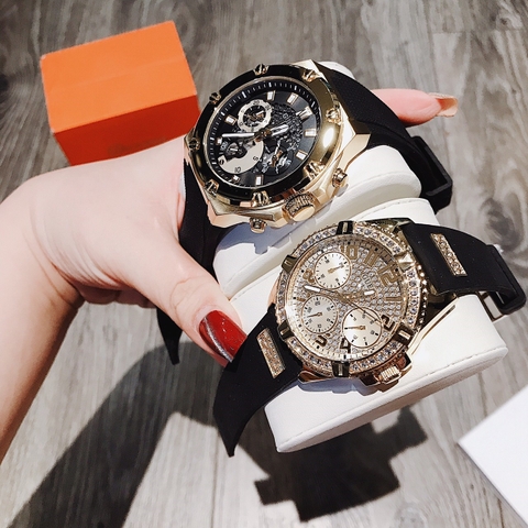 Guess Third-Gea |Cặp Đôi |Đính Đá |Dây Sillicone Đen |Size 46x38mm