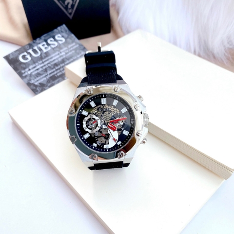 Guess Third Gear |Nam Giới |Trắng Silver |Dây Sillicone Đen |Máy Pin (Quartz) |Size 46mm
